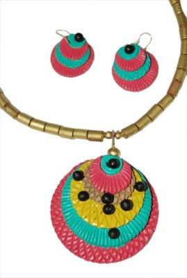Terracotta Jewellery Set Pink Yellow beads