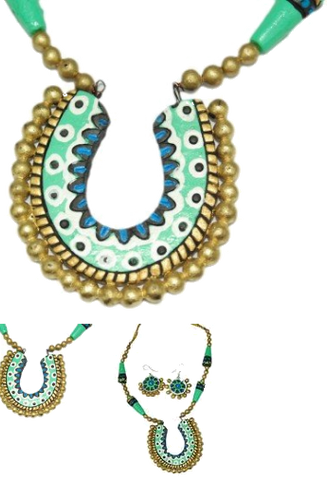 Terracotta Jewellery Set Green Blue Golden beads