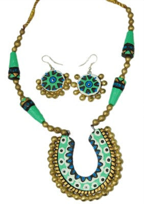 Terracotta Jewellery Set Green Blue Golden beads